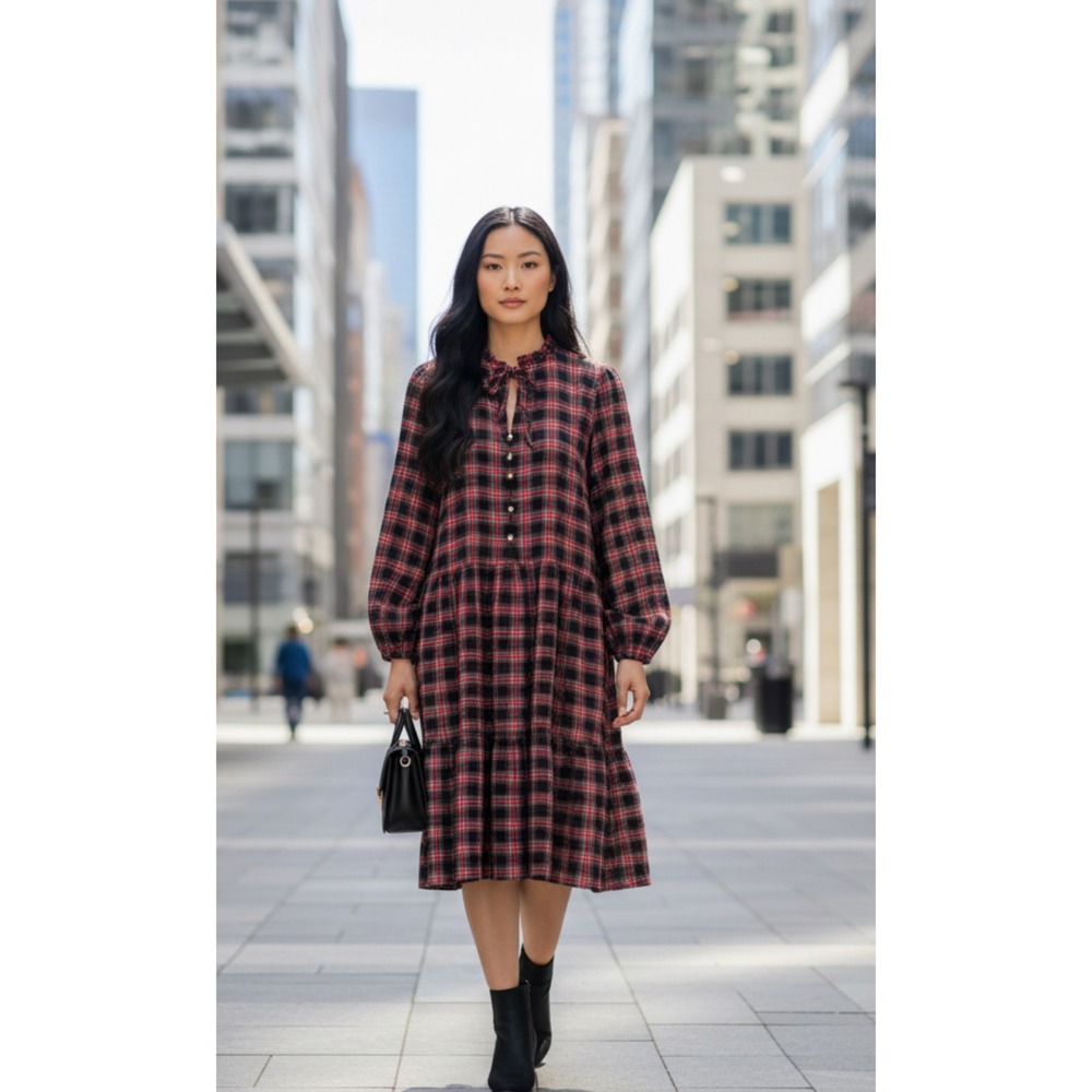 LOFT Dress Womens XL Plaid Tiered Tie Neck Long Sleeve Red Black Gold Excellent